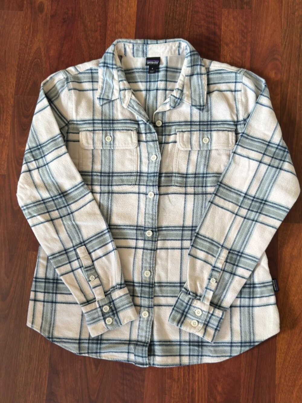Patagonia Fjord Flannel Shirt Womens Small Plaid Organic Cotton Birch White Blue